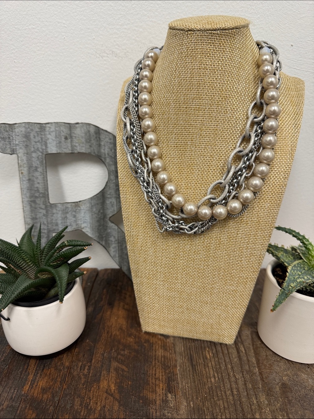 Sabika Silver-Tone Multi Strand Pearl & Chunky Chain Necklace